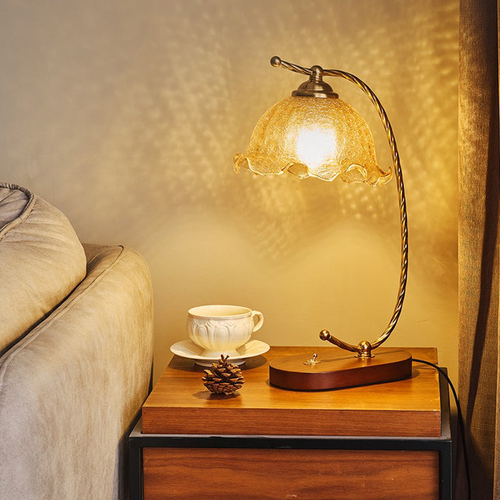 Traditional Vintage Oval Wooden Base Metal Flower Glass Shade 1-Light Table Lamp For Bedroom