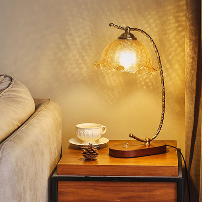 Traditional Vintage Oval Wooden Base Metal Flower Glass Shade 1-Light Table Lamp For Bedroom