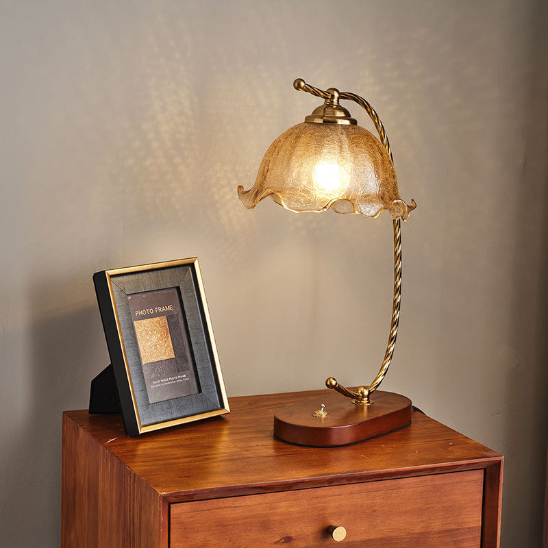 Traditional Vintage Oval Wooden Base Metal Flower Glass Shade 1-Light Table Lamp For Bedroom