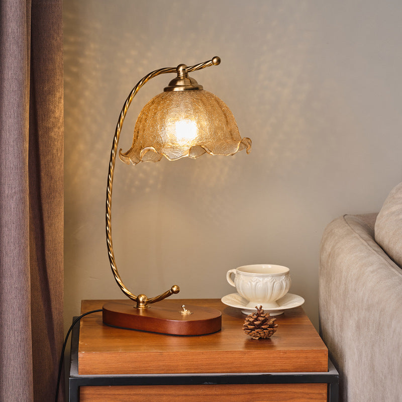 Traditional Vintage Oval Wooden Base Metal Flower Glass Shade 1-Light Table Lamp For Bedroom