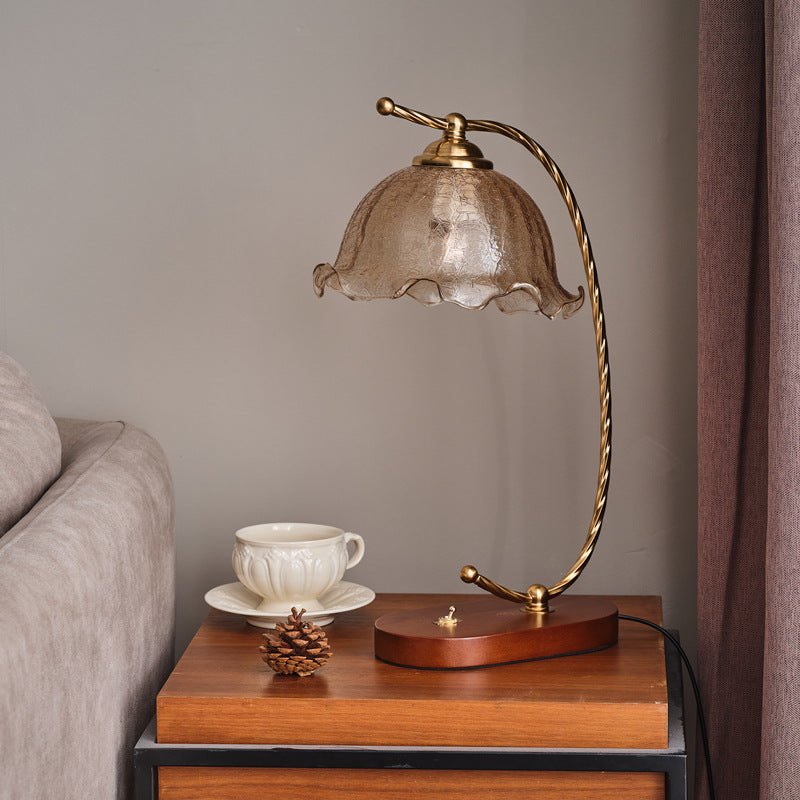 Traditional Vintage Oval Wooden Base Metal Flower Glass Shade 1-Light Table Lamp For Bedroom