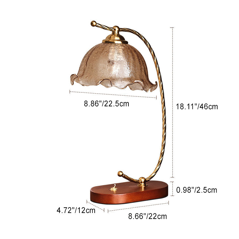 Traditional Vintage Oval Wooden Base Metal Flower Glass Shade 1-Light Table Lamp For Bedroom