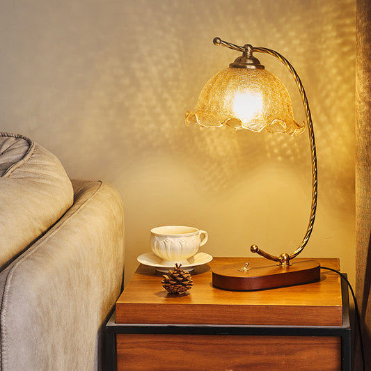 Traditional Vintage Oval Wooden Base Metal Flower Glass Shade 1-Light Table Lamp For Bedroom