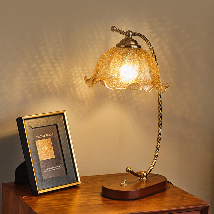 Traditional Vintage Oval Wooden Base Metal Flower Glass Shade 1-Light Table Lamp For Bedroom