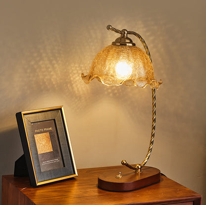 Traditional Vintage Oval Wooden Base Metal Flower Glass Shade 1-Light Table Lamp For Bedroom
