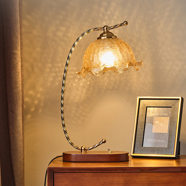 Traditional Vintage Oval Wooden Base Metal Flower Glass Shade 1-Light Table Lamp For Bedroom