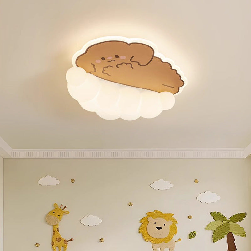 Contemporary Creative Kids Puppy Cat Panda Iron PE LED Flush Mount Ceiling Light For Bedroom