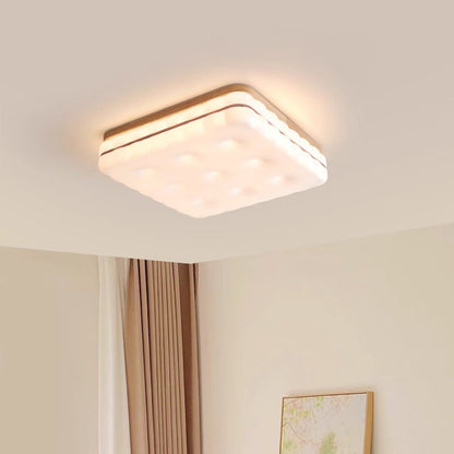 Contemporary Creative Round Square Rectangle Cookie Rubberwood Acrylic LED Flush Mount Ceiling Light For Living Room