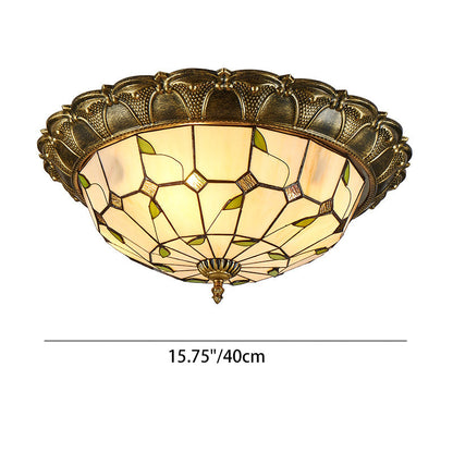 Traditional European Round Dome Leaf Iron Glass LED Flush Mount Ceiling Light For Living Room