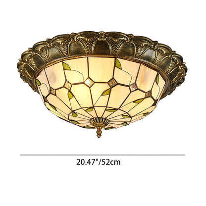 Traditional European Round Dome Leaf Iron Glass LED Flush Mount Ceiling Light For Living Room