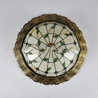 Traditional European Round Dome Leaf Iron Glass LED Flush Mount Ceiling Light For Living Room