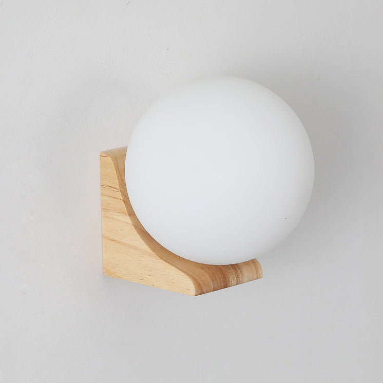 Modern Minimalist Globe Rubberwood Glass 1-Light Wall Sconce Lamp For Living Room