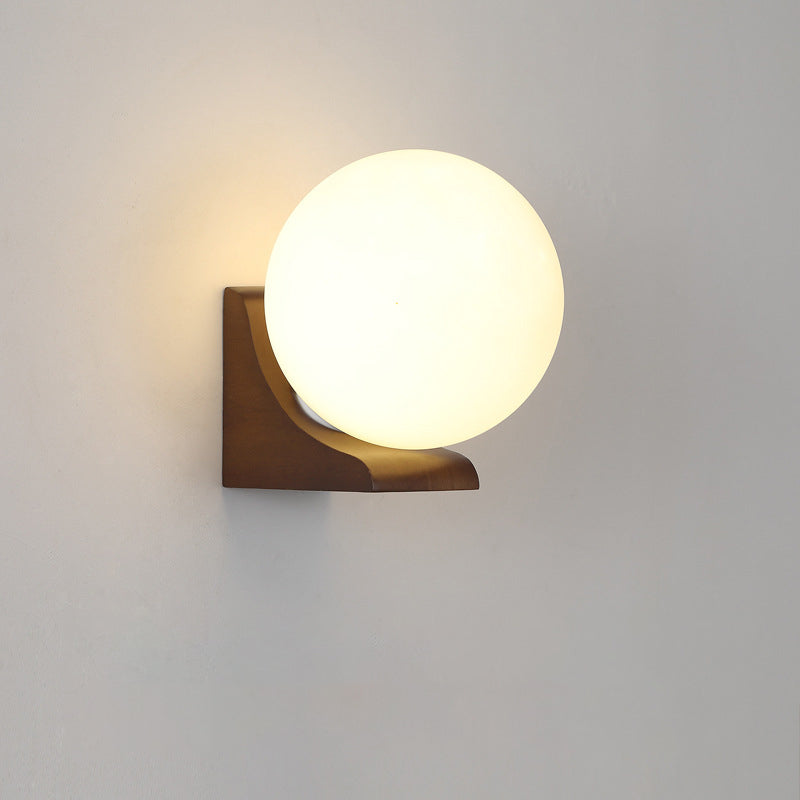 Modern Minimalist Globe Rubberwood Glass 1-Light Wall Sconce Lamp For Living Room