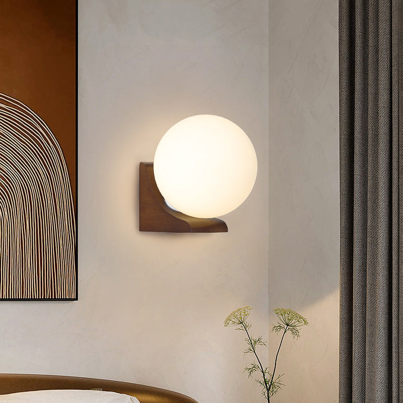Modern Minimalist Globe Rubberwood Glass 1-Light Wall Sconce Lamp For Living Room