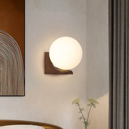 Modern Minimalist Globe Rubberwood Glass 1-Light Wall Sconce Lamp For Living Room
