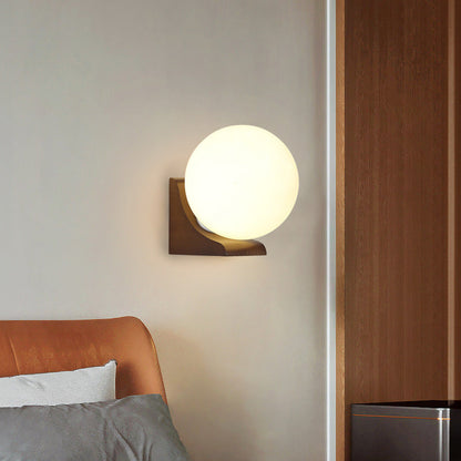 Modern Minimalist Globe Rubberwood Glass 1-Light Wall Sconce Lamp For Living Room