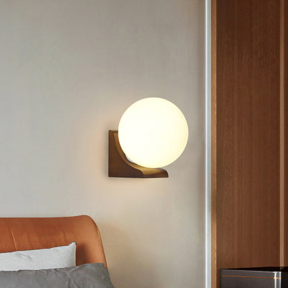 Modern Minimalist Globe Rubberwood Glass 1-Light Wall Sconce Lamp For Living Room