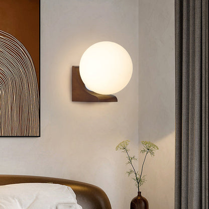 Modern Minimalist Globe Rubberwood Glass 1-Light Wall Sconce Lamp For Living Room