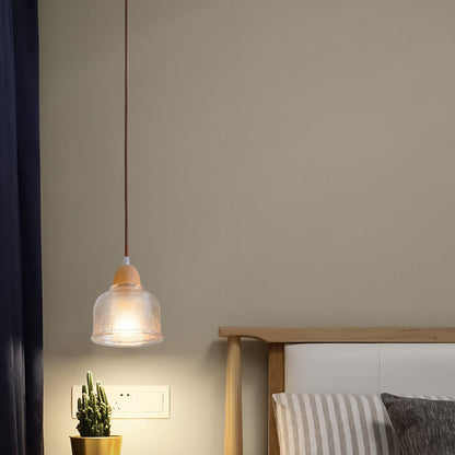 Traditional Japanese Round Cup Shape Wood Glass 1-Light Pendant Light For Living Room
