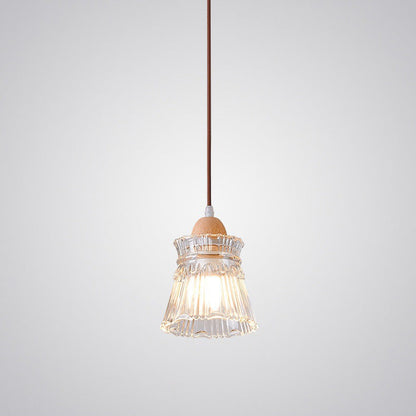 Traditional Japanese Round Cup Shape Wood Glass 1-Light Pendant Light For Living Room