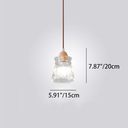 Traditional Japanese Round Cup Shape Wood Glass 1-Light Pendant Light For Living Room