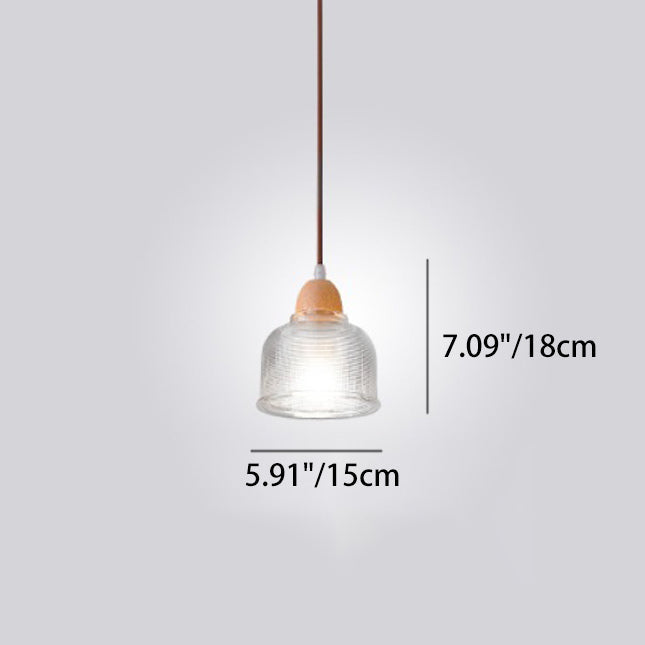 Traditional Japanese Round Cup Shape Wood Glass 1-Light Pendant Light For Living Room