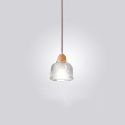 Traditional Japanese Round Cup Shape Wood Glass 1-Light Pendant Light For Living Room