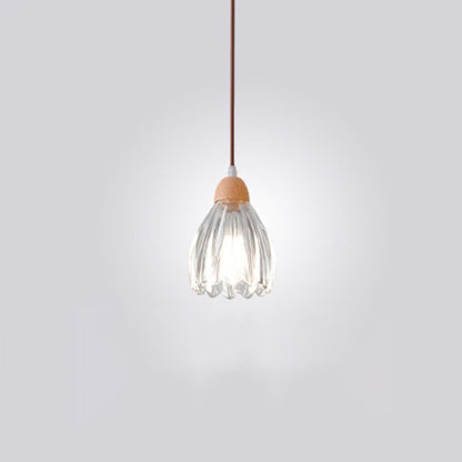 Traditional Japanese Round Cup Shape Wood Glass 1-Light Pendant Light For Living Room
