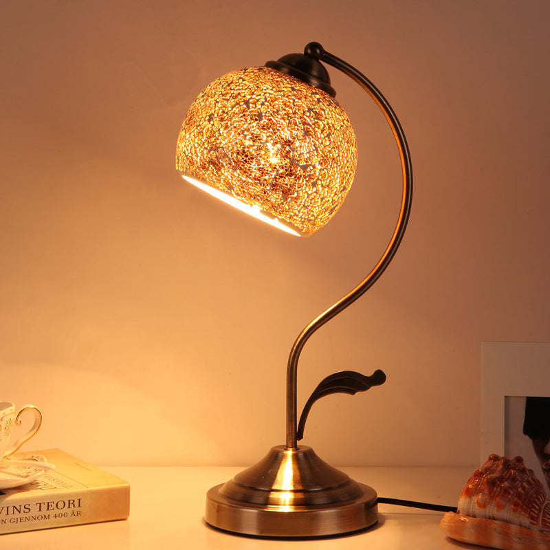 Traditional Tiffany Round Dome Curved Pole Hardware Base Stained Glass Shade 1-Light Table Lamp For Bedroom
