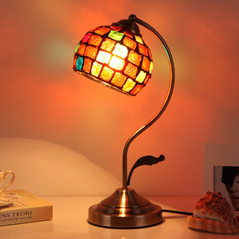Traditional Tiffany Round Dome Curved Pole Hardware Base Stained Glass Shade 1-Light Table Lamp For Bedroom