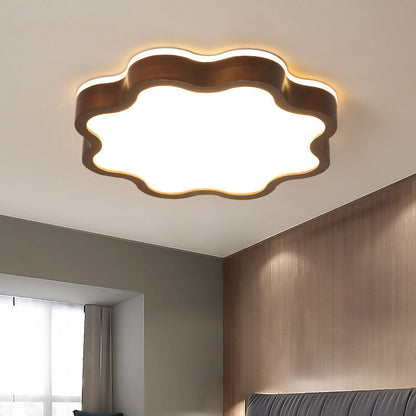 Contemporary Creative Cloud Shape Wood Grain Rubberwood Acrylic Shade LED Flush Mount Ceiling Light For Living Room