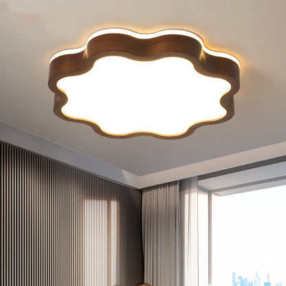 Contemporary Creative Cloud Shape Wood Grain Rubberwood Acrylic Shade LED Flush Mount Ceiling Light For Living Room