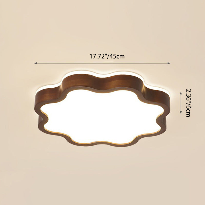 Contemporary Creative Cloud Shape Wood Grain Rubberwood Acrylic Shade LED Flush Mount Ceiling Light For Living Room