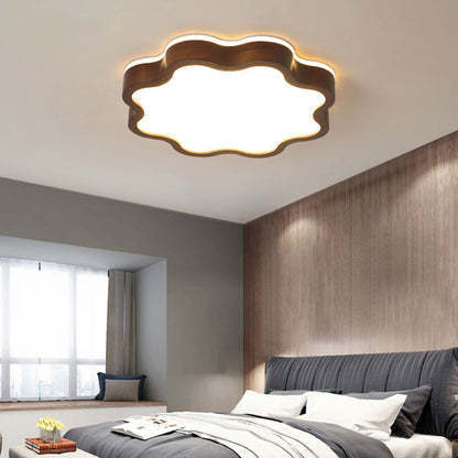 Contemporary Creative Cloud Shape Wood Grain Rubberwood Acrylic Shade LED Flush Mount Ceiling Light For Living Room