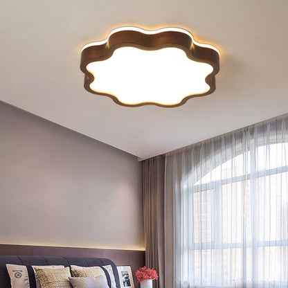 Contemporary Creative Cloud Shape Wood Grain Rubberwood Acrylic Shade LED Flush Mount Ceiling Light For Living Room