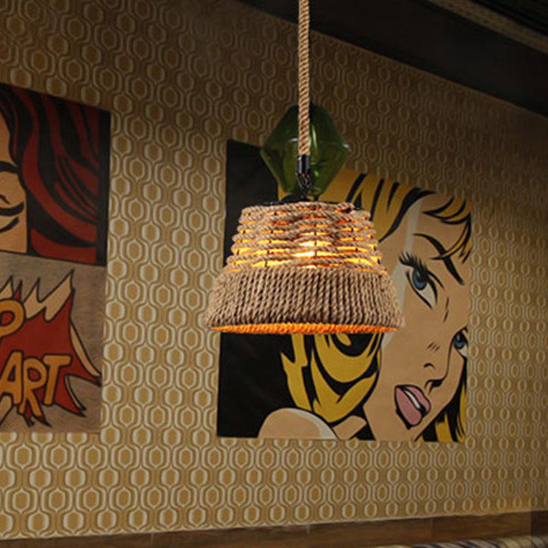 Traditional Vintage Round Iron Hemp Rope Shade 1-Light Pendant Light For Living Room