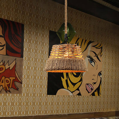 Traditional Vintage Round Iron Hemp Rope Shade 1-Light Pendant Light For Living Room