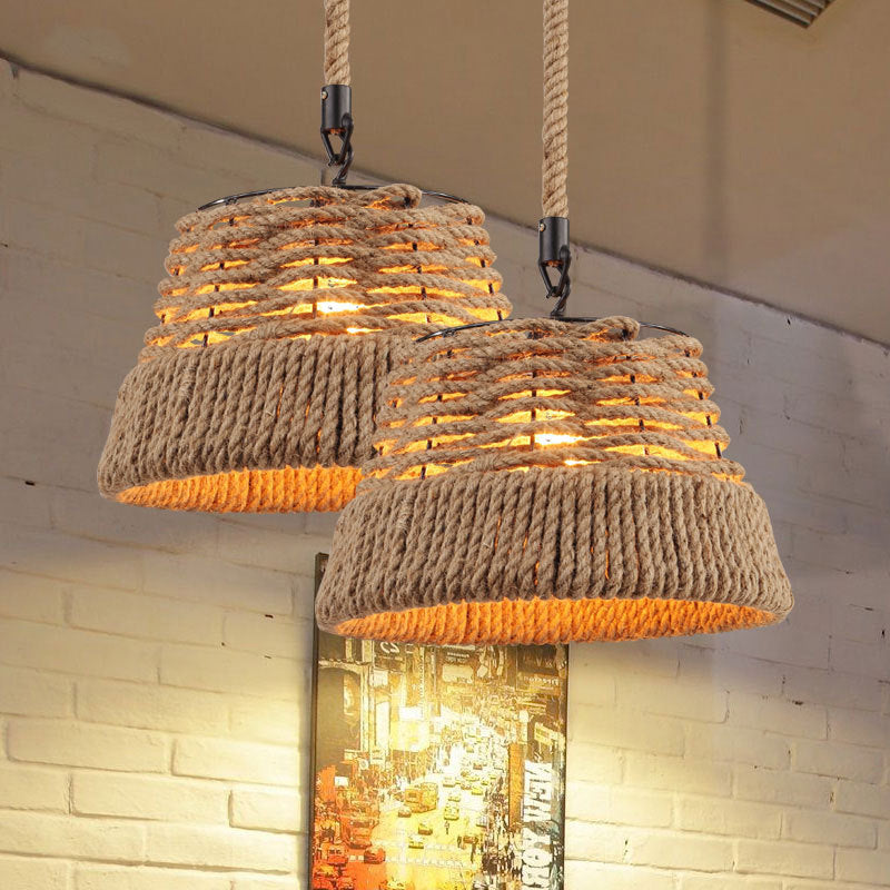 Traditional Vintage Round Iron Hemp Rope Shade 1-Light Pendant Light For Living Room