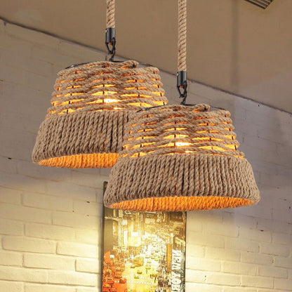 Traditional Vintage Round Iron Hemp Rope Shade 1-Light Pendant Light For Living Room