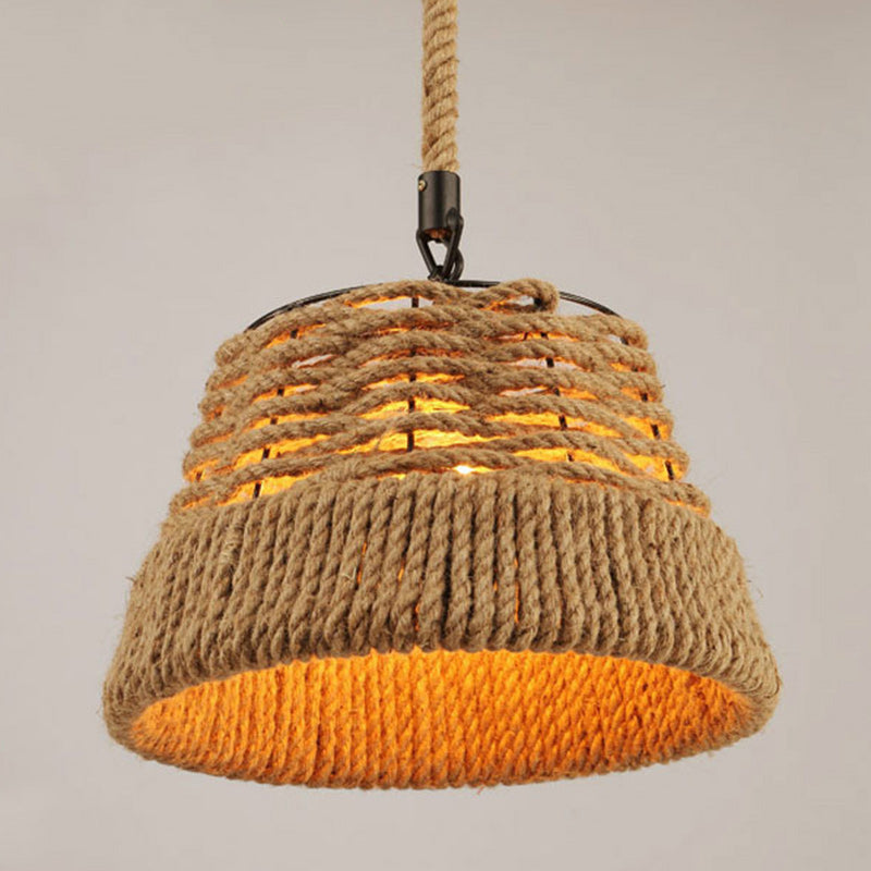 Traditional Vintage Round Iron Hemp Rope Shade 1-Light Pendant Light For Living Room