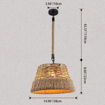 Traditional Vintage Round Iron Hemp Rope Shade 1-Light Pendant Light For Living Room