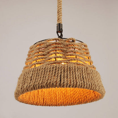 Traditional Vintage Round Iron Hemp Rope Shade 1-Light Pendant Light For Living Room