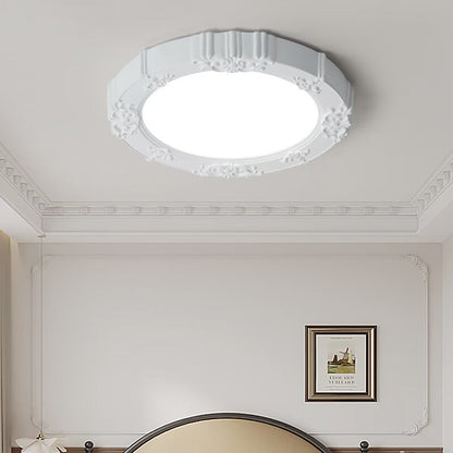 Traditional French Round Carved Flower Iron Resin Acrylic LED Flush Mount Ceiling Light For Bedroom