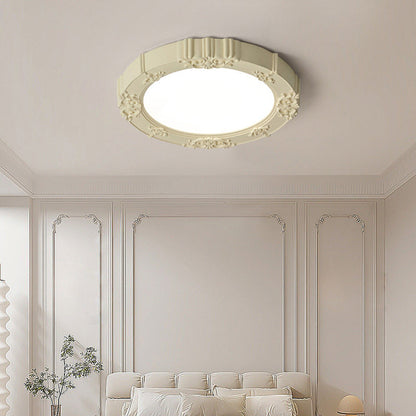 Traditional French Round Carved Flower Iron Resin Acrylic LED Flush Mount Ceiling Light For Bedroom