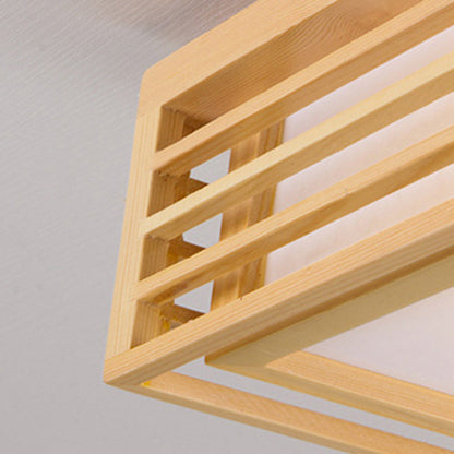 Traditional Japanese Square Pine Wood Frame Acrylic Shade LED Flush Mount Ceiling Light For Bedroom