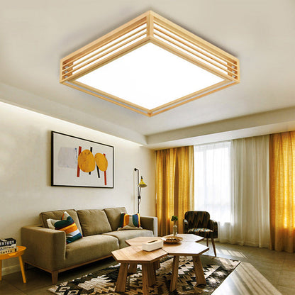 Traditional Japanese Square Pine Wood Frame Acrylic Shade LED Flush Mount Ceiling Light For Bedroom