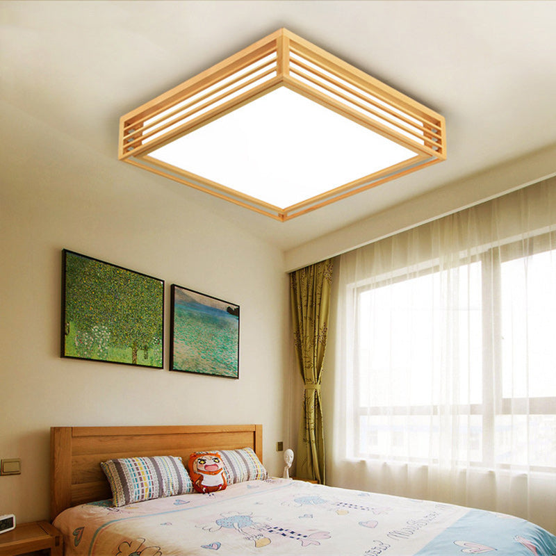 Traditional Japanese Square Pine Wood Frame Acrylic Shade LED Flush Mount Ceiling Light For Bedroom