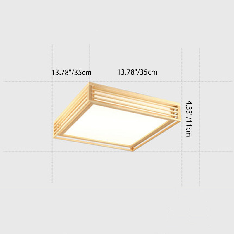 Traditional Japanese Square Pine Wood Frame Acrylic Shade LED Flush Mount Ceiling Light For Bedroom