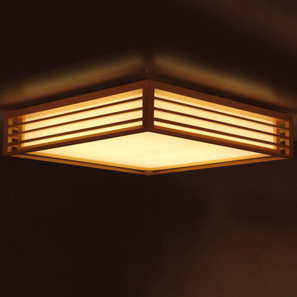 Traditional Japanese Square Pine Wood Frame Acrylic Shade LED Flush Mount Ceiling Light For Bedroom