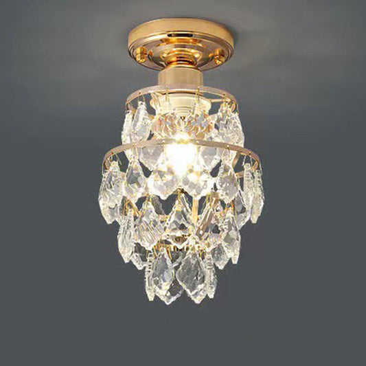 Traditional European Round Metal Frame Crystal Shade 1-Light Semi-Flush Mount Ceiling Light For Hallway